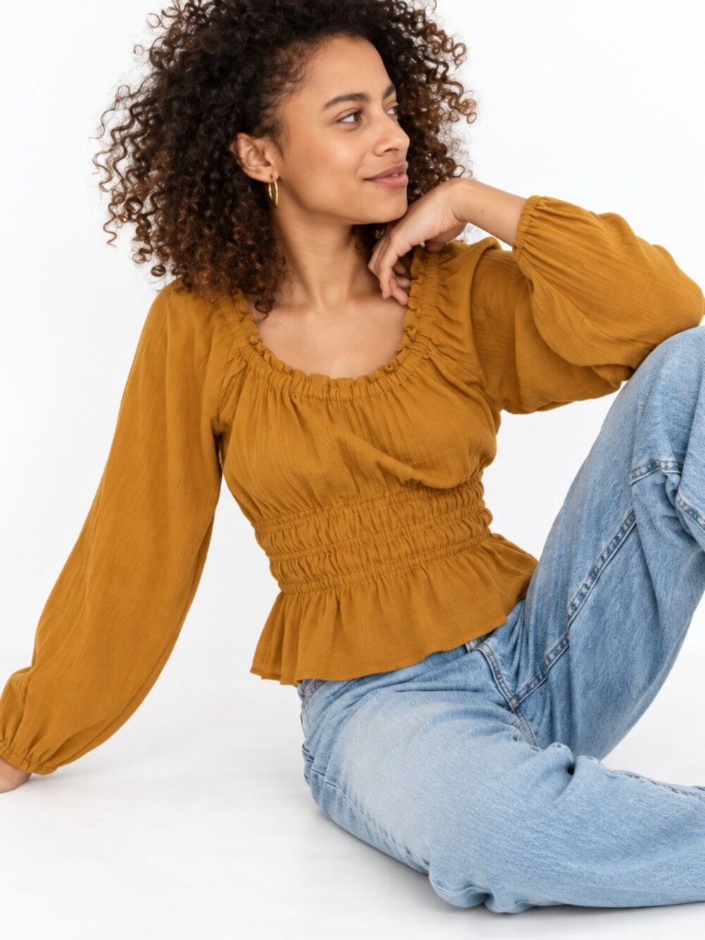 Madewell Sophia Peplum Top Gold Cotton Balloon Sleeve XS